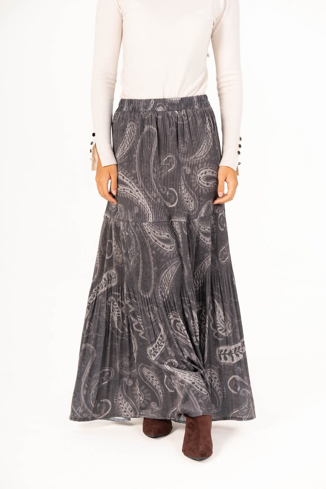 Printed Pleated Skirt - Grey Paisley