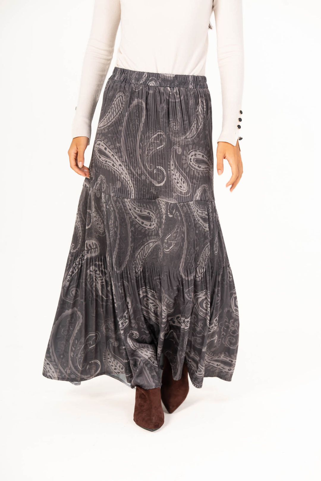 Printed Pleated Skirt - Grey Paisley