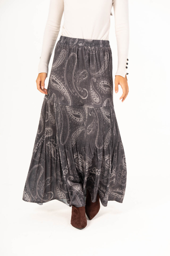 Printed Pleated Skirt - Grey Paisley