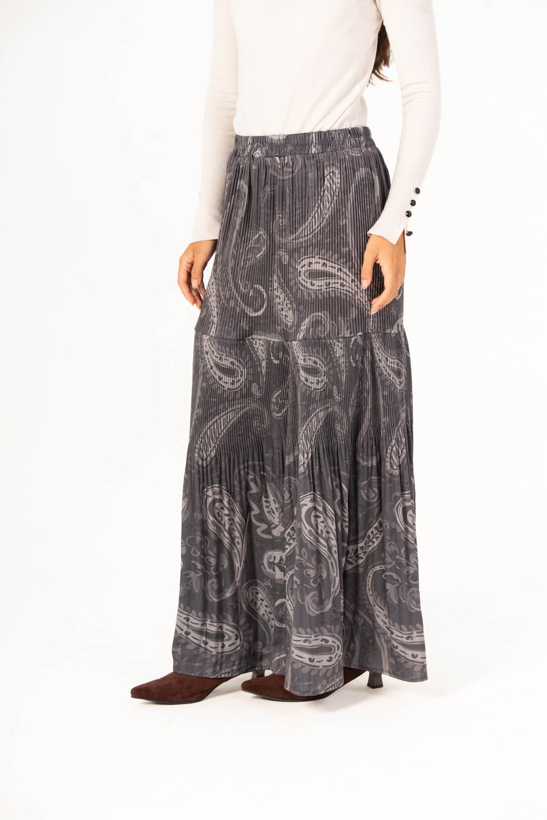 Printed Pleated Skirt - Grey Paisley