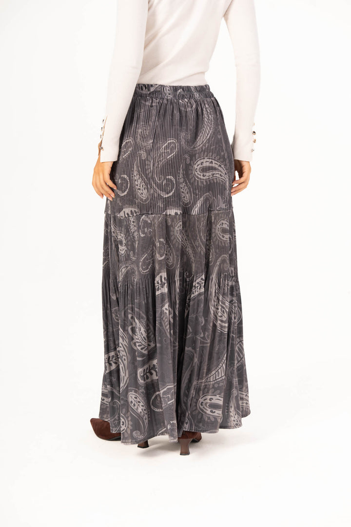 Printed Pleated Skirt - Grey Paisley